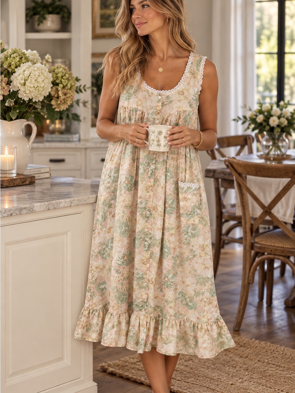 Vintage Sentiments Floral Maxi House Dress Medium | Cottagecore